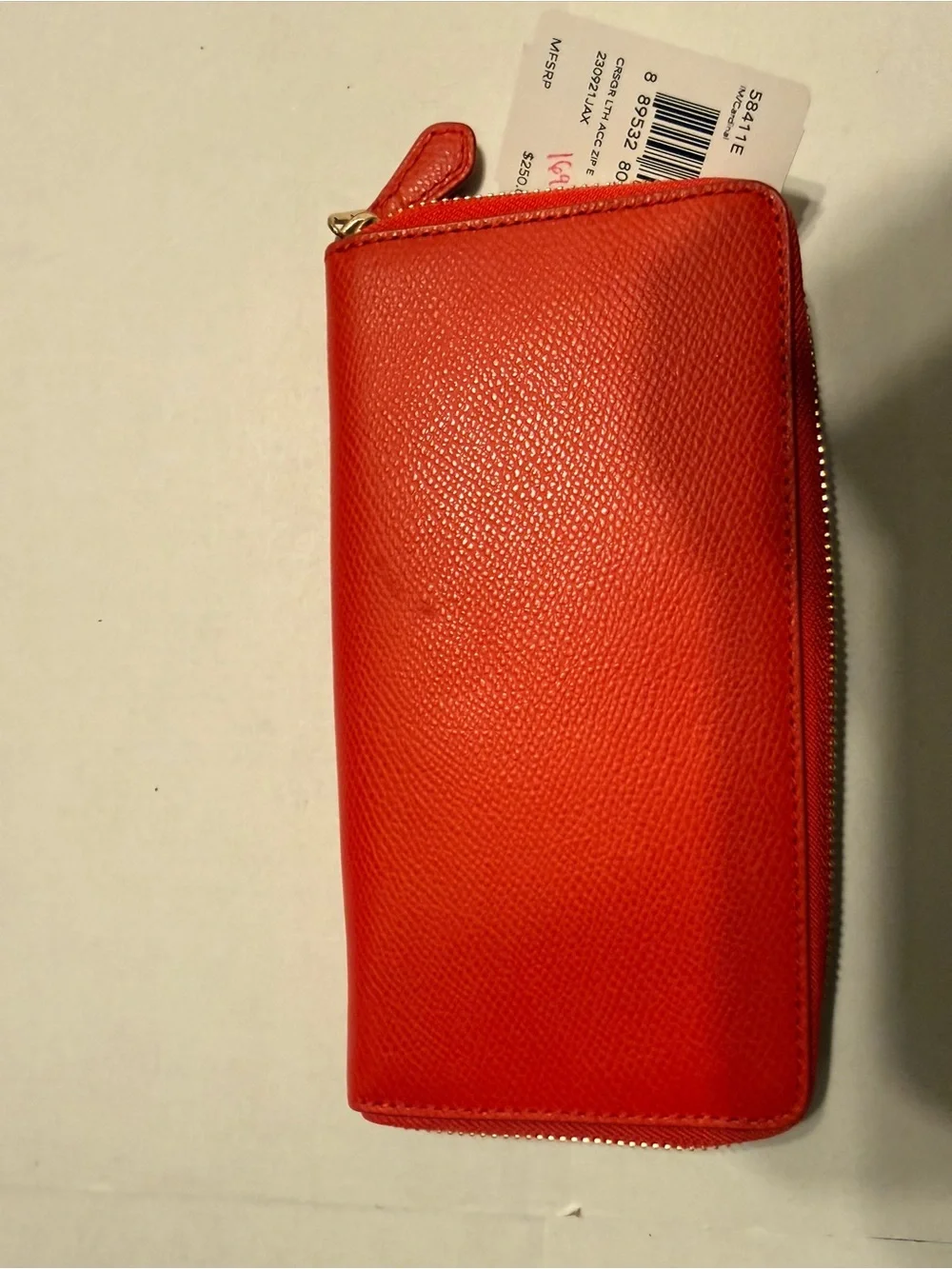 Coach Red Pebbled Leather Zip Wallet with Logo